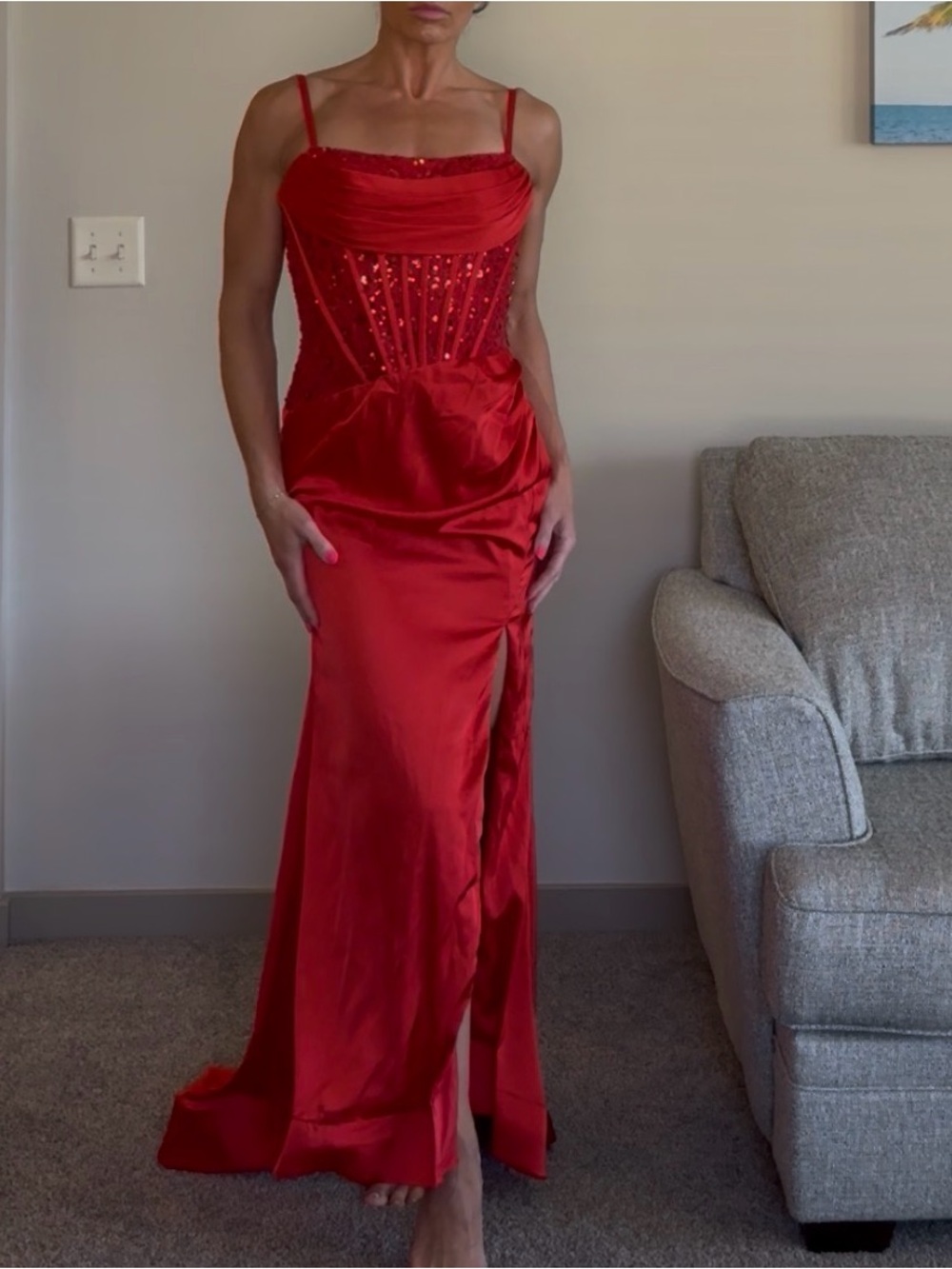 Elegant Red Satin Evening Gown - Sleeveless Spaghetti Strap Dress